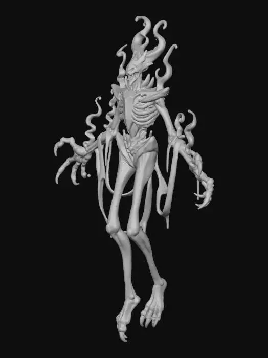 3D model for A spectral, humanoid figure is depicted in a digital art style, centered against a deep blue, hazy background. The figure is constructed of dark, textured, almost skeletal forms, emanating a sense of ethereal darkness. A large, crystalline structure, glowing intensely with shades of vibrant magenta and purple, forms the core of its torso and upper body. Wisps of magenta-colored energy or flames rise from the upper portion of the head and shoulders, adding dynamic movement. Long, slender limbs and claw-like hands extend outwards. The figure’s arms are spread, suggesting an open or reaching pose. The overall lighting is dramatic, with highlights on the crystalline core and surrounding areas, contrasted by the dark, shadowy extremities.