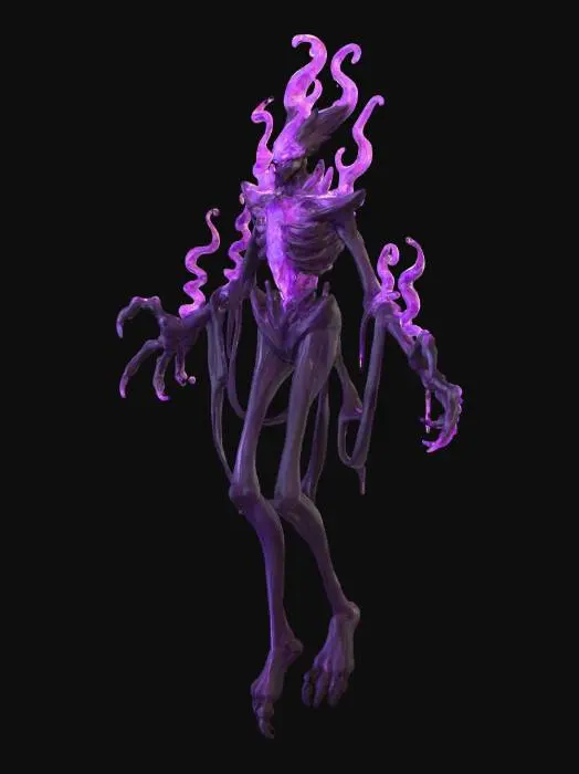 3D model for A spectral, humanoid figure is depicted in a digital art style, centered against a deep blue, hazy background. The figure is constructed of dark, textured, almost skeletal forms, emanating a sense of ethereal darkness. A large, crystalline structure, glowing intensely with shades of vibrant magenta and purple, forms the core of its torso and upper body. Wisps of magenta-colored energy or flames rise from the upper portion of the head and shoulders, adding dynamic movement. Long, slender limbs and claw-like hands extend outwards. The figure’s arms are spread, suggesting an open or reaching pose. The overall lighting is dramatic, with highlights on the crystalline core and surrounding areas, contrasted by the dark, shadowy extremities.