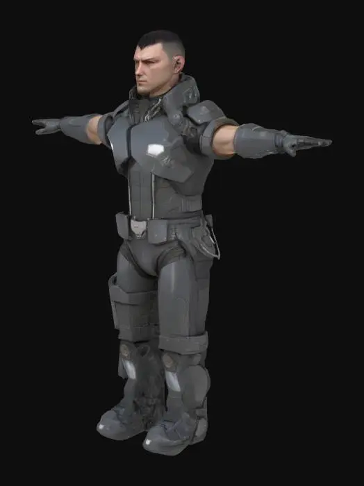 3D model for Cyberpunk male character, High‑precision; T‑pose; wearing sci-fi metal armor, each fingers distinctly spaced apart; smooth topology; short hair, unarmed.