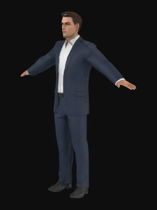 3D model for modern male, High‑precision; T‑pose; wearing suit, smooth topology; short hair.