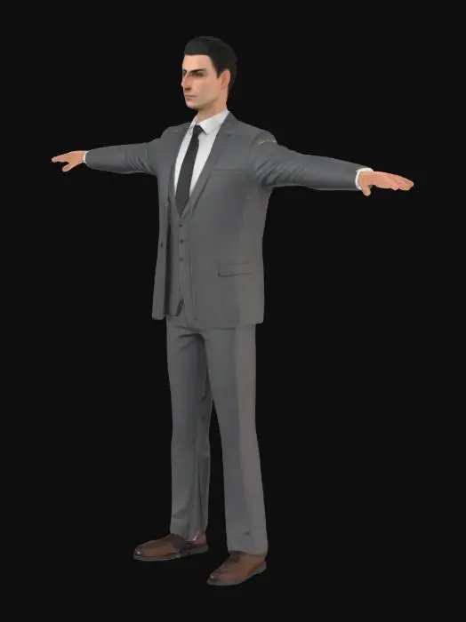 3D model for modern male, High‑precision; T‑pose; wearing suit, smooth topology; short hair.