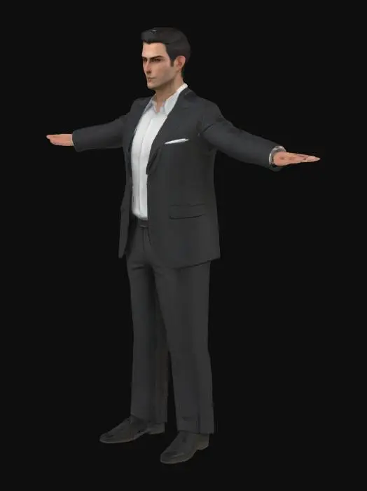 3D model for modern male, High‑precision; T‑pose; wearing suit, smooth topology; short hair.