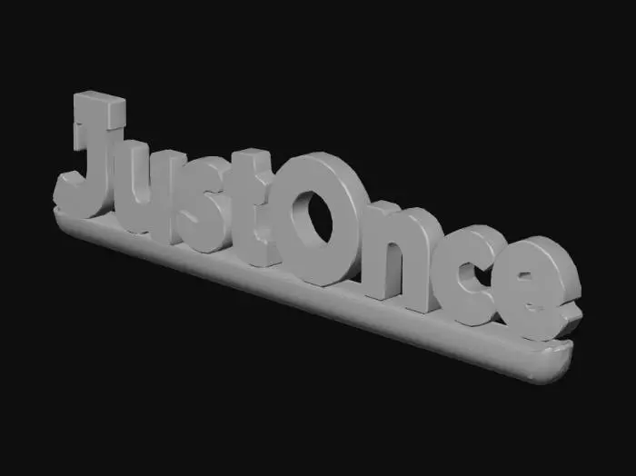 3D model for Stylized 3D username text "JustOnce", cyberpunk aesthetic, intense neon glow in electric blue and magenta, black metallic base with chrome bevels, subtle circuit patterns on letters, floating holographic effect, god rays and lens flare, highly detailed, game-ready asset, centered composition