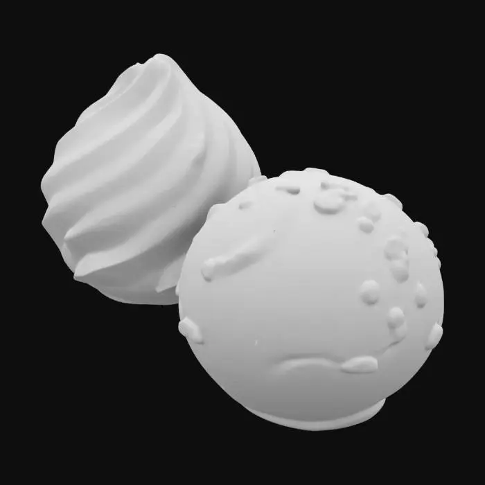 3D model for 2 ice cream scoops
The first scoop (front):

Coated with a layer of milk chocolate.
Has crunchy nut pieces scattered on top, adding a crispy texture.
The chocolate appears glossy, indicating freshness and smoothness.
The second scoop (back):

Pink in color, suggesting a strawberry or berry flavor.
Has a creamy, smooth texture with a swirled shape.