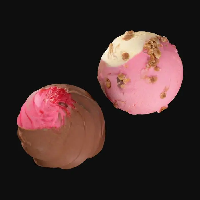 3D model for 2 ice cream scoops
The first scoop (front):

Coated with a layer of milk chocolate.
Has crunchy nut pieces scattered on top, adding a crispy texture.
The chocolate appears glossy, indicating freshness and smoothness.
The second scoop (back):

Pink in color, suggesting a strawberry or berry flavor.
Has a creamy, smooth texture with a swirled shape.