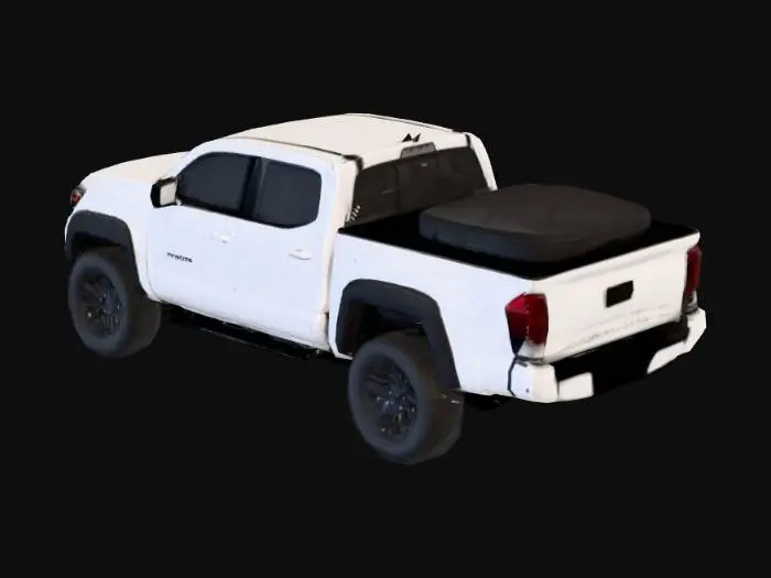 3D model for The toyota tacoma truck has a nice polished texture, the main colour of the car is white and the handles and wheels are black, adjust colours accordingly to real life trucks, in the trunk add some boxes of luggage, colour them accordingly.
make this super polished and fancy