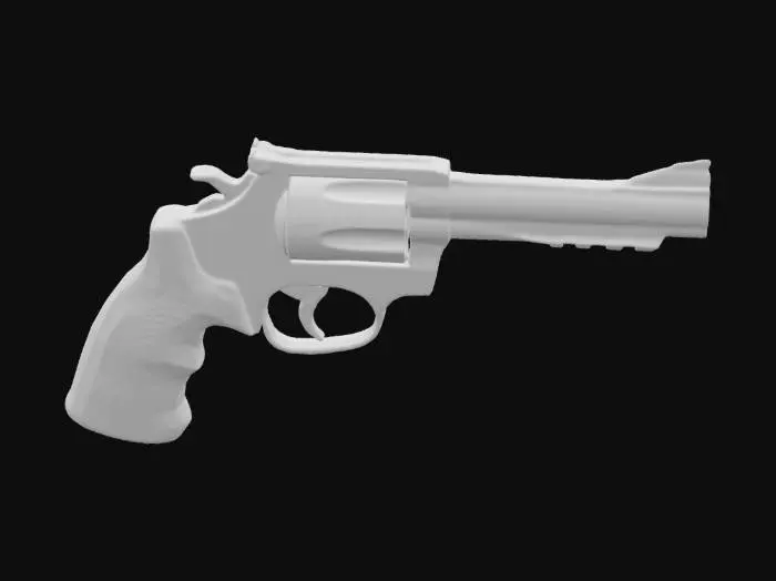 3D model for Create a detailed 3D model of the iconic .44 Magnum revolver used by Clint Eastwood in the Dirty Harry movies. Focus on the distinctive features: a large, robust frame, a long barrel, and a prominent cylinder. Capture the textured grip and the polished metal finish, emphasizing the gun's rugged, powerful appearance. Include realistic details like the trigger, hammer, and sight. Aim for a high level of accuracy to reflect its cinematic legacy, 