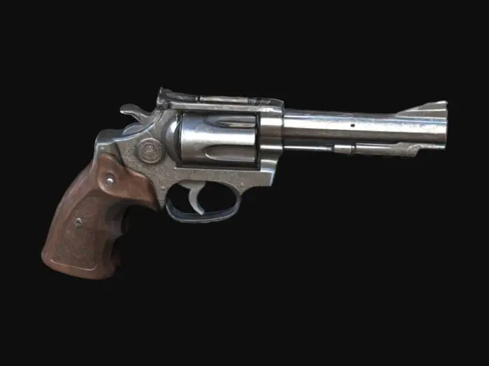 3D model for Create a detailed 3D model of the iconic .44 Magnum revolver used by Clint Eastwood in the Dirty Harry movies. Focus on the distinctive features: a large, robust frame, a long barrel, and a prominent cylinder. Capture the textured grip and the polished metal finish, emphasizing the gun's rugged, powerful appearance. Include realistic details like the trigger, hammer, and sight. Aim for a high level of accuracy to reflect its cinematic legacy, 