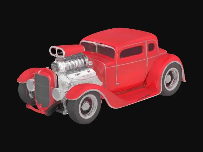 3D model for Hell Candy A fully customized 1930s-style hot rod, chopped, channeled and built to dominate. Drenched in deep candy red metallic with a blown V8 engine towering through the hood. Widebody stance, shaved trim, and ultra-low profile. A showstopper sculpted for 3D perfection – pure horsepower cast in chrome and fire.