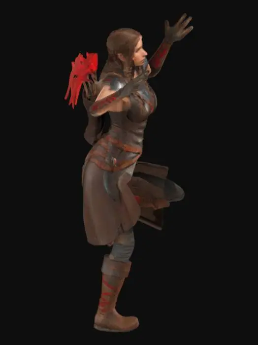 3D model for A stylized female medieval archer in a neutral T-pose. She has long braided hair, a leather armor tunic, a belt with a small pouch, and a quiver on her back with detailed arrows. She wears fingerless gloves and knee-high boots. Confident facial expression. Designed as a clean 3D mesh for 3D printing, with no textures or color.

