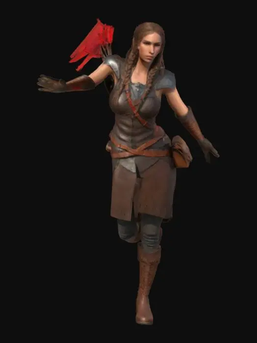 3D model for A stylized female medieval archer in a neutral T-pose. She has long braided hair, a leather armor tunic, a belt with a small pouch, and a quiver on her back with detailed arrows. She wears fingerless gloves and knee-high boots. Confident facial expression. Designed as a clean 3D mesh for 3D printing, with no textures or color.

