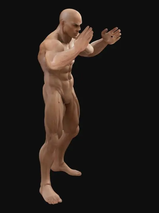 3D model for "Describe a muscular humanoid base mesh in a T-pose, with symmetrical anatomy, defined muscle groups, and a neutral expression, suitable for a superhero action figure."
