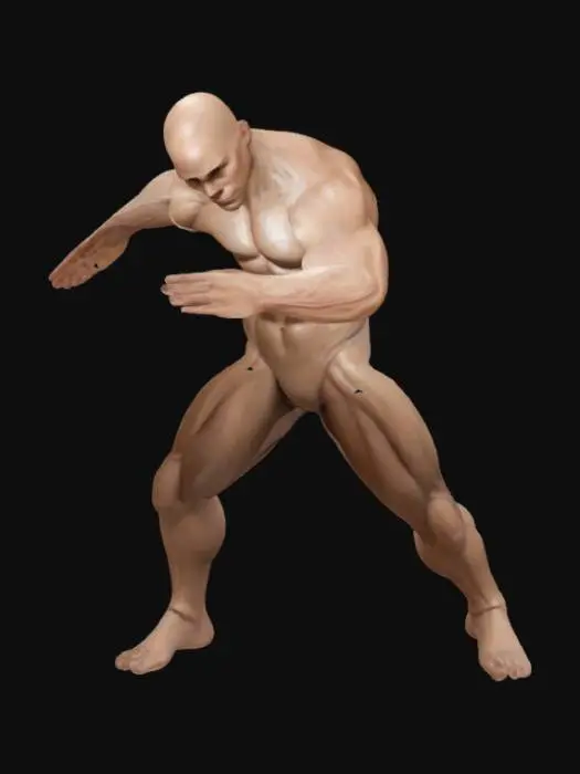3D model for "Describe a muscular humanoid base mesh in a T-pose, with symmetrical anatomy, defined muscle groups, and a neutral expression, suitable for a superhero action figure."
