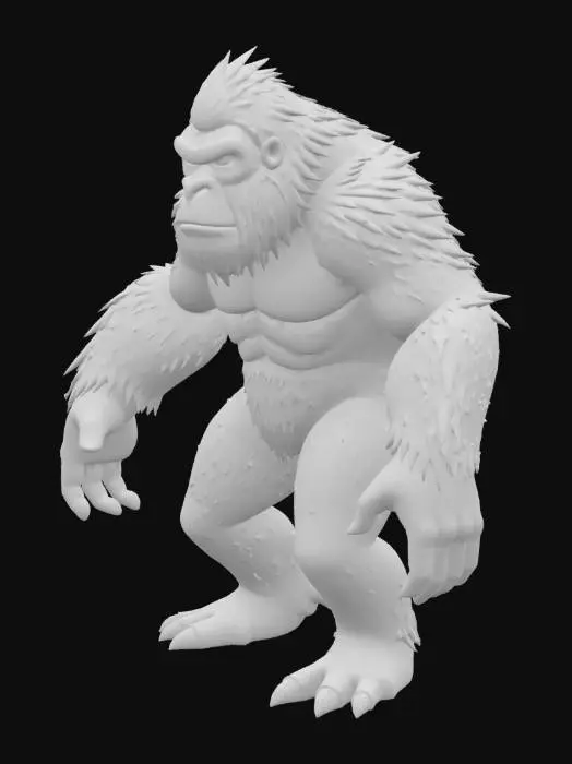 3D model for Stylized Bigfoot creature, robust humanoid form, muscular body with broad shoulders, large hands and feet, detailed expressive face, thick fur texture covering the entire body. Neutral standing pose, symmetrical, no platform, optimized for clean geometry and 3D printing
