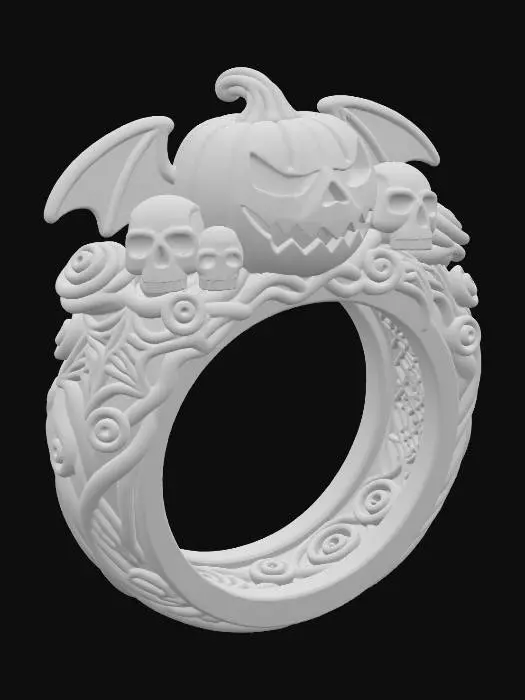 3D model for A gothic Halloween-inspired ring_featuring a menacing jack-o’-lantern centerpiece, flanked by skulls and bat wings. Twisting vines and roses wrap seamlessly around the band, creating a dark yet elegant ornamental design.
