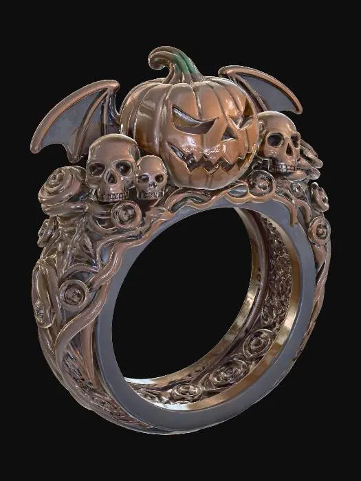 3D model for A gothic Halloween-inspired ring_featuring a menacing jack-o’-lantern centerpiece, flanked by skulls and bat wings. Twisting vines and roses wrap seamlessly around the band, creating a dark yet elegant ornamental design.