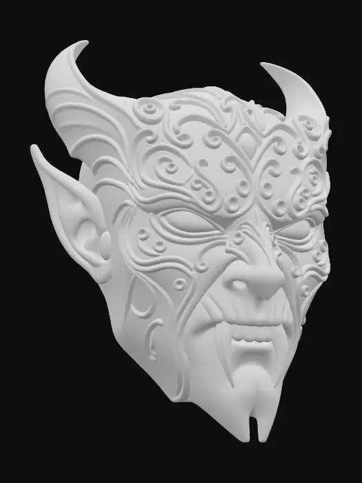 3D model for A gothic vampire mask_ featuring ornate black filigree, glowing red eyes, sharp fangs, and curved horns, designed for a haunting Halloween aesthetic.