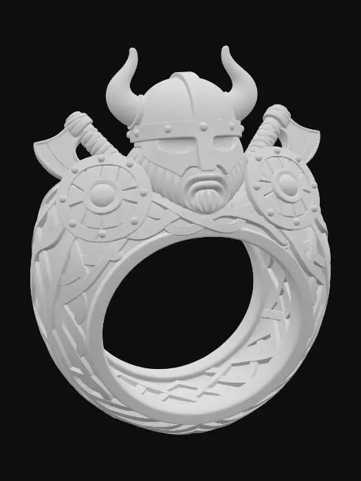 3D model for Viking-inspired ring_Circular band with intertwining runes, knotwork, and carved patterns wrapping seamlessly around. At the crown: a fierce Viking helm with horns, surrounded by shields, axes, and knotwork engravings