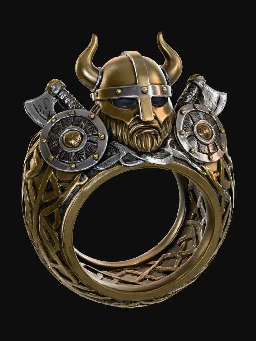 3D model for Viking-inspired ring_Circular band with intertwining runes, knotwork, and carved patterns wrapping seamlessly around. At the crown: a fierce Viking helm with horns, surrounded by shields, axes, and knotwork engravings