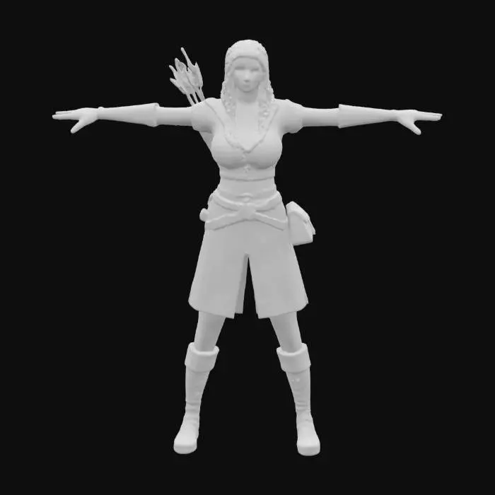3D model for A stylized female medieval archer in a neutral T-pose. She has long braided hair, a leather armor tunic, a belt with a small pouch, and a quiver on her back with detailed arrows. She wears fingerless gloves and knee-high boots. Confident facial expression. Designed as a clean 3D mesh for 3D printing, with no textures or color.

