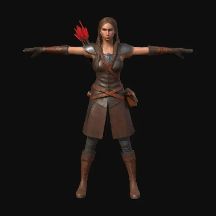 3D model for A stylized female medieval archer in a neutral T-pose. She has long braided hair, a leather armor tunic, a belt with a small pouch, and a quiver on her back with detailed arrows. She wears fingerless gloves and knee-high boots. Confident facial expression. Designed as a clean 3D mesh for 3D printing, with no textures or color.

