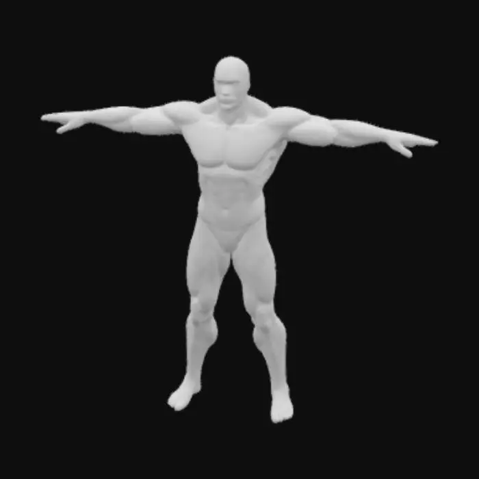 3D model for Muscular humanoid male in T-pose with heroic proportions: broad shoulders, narrow waist, defined muscles (pecs, abs, arms, legs). Symmetrical anatomy, smooth light tan skin with subtle gloss and visible veins on arms and neck. Neutral facial expression, strong jawline. No clothing, armor, textures, or base. Stylized for use as a superhero action figure—clean, high-detail anatomical model ready for sculpting or rigging.