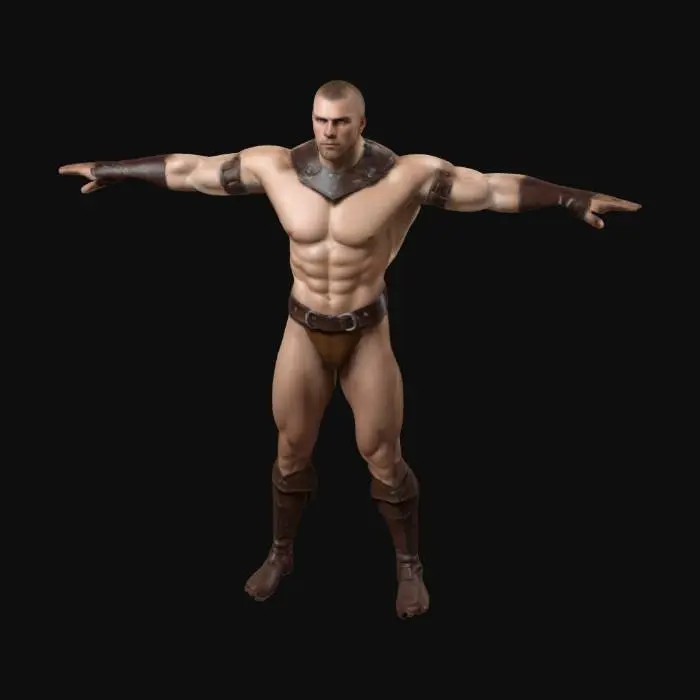 3D model for Muscular humanoid male in T-pose with heroic proportions: broad shoulders, narrow waist, defined muscles (pecs, abs, arms, legs). Symmetrical anatomy, smooth light tan skin with subtle gloss and visible veins on arms and neck. Neutral facial expression, strong jawline. No clothing, armor, textures, or base. Stylized for use as a superhero action figure—clean, high-detail anatomical model ready for sculpting or rigging.