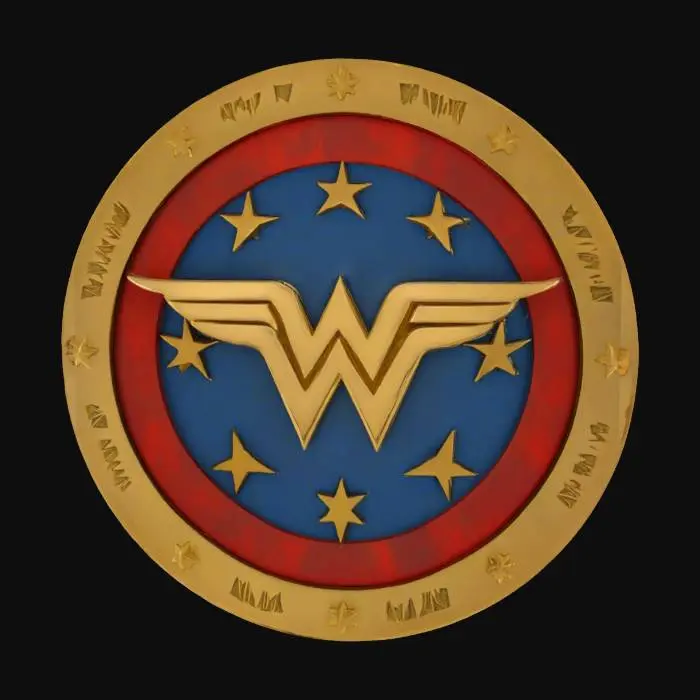3D model for High-resolution Wonder Woman-inspired shield emblem. Circular golden shield with bold red and cobalt blue accents. Central “W” eagle symbol embossed in metallic gold, flanked by radiating star patterns. Outer rim engraved with ancient Amazonian runes. Brushed metal surface with slight battle wear and scuffs. Reflective highlights, symmetrical design, heroic and mythic tone. 3D-friendly, clean edges, perfect for engraving, armor decals or emblem display. Strong, feminine, and iconic visual identity.
#emblem#