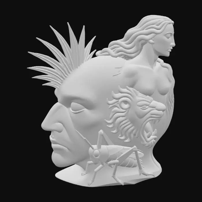 3D model for Desert_Dreams ( A surrealist sculpture inspired by Salvador Dalí’s inner world, merging a distorted human head with a serene female figure, a roaring lion, and a mechanical grasshopper. Vivid feather-like spikes burst from the crown, set against an endless desert under a clear blue sky — a dreamlike fusion of desire, fear, and fantasy)