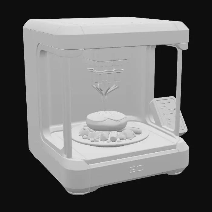 3D model for Food_printing_the_future,#food# Futuristic 3D food printer with sleek glass chamber and holographic controls, printing a gourmet steak with vegetables, hyper-realistic design