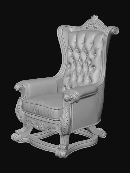 3D model for "A majestic 3D model of a high-back executive 'Baron' chair. Premium black tufted leather with deep diamond stitching. Polished dark wood frame with ornate lion-head carvings on the armrests. Ergonomic but intimidating design. Front and side orthographic view, game-ready asset style, 8k textures, realistic material shaders, dark luxury aesthetic."