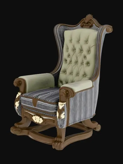 3D model for "A majestic 3D model of a high-back executive 'Baron' chair. Premium black tufted leather with deep diamond stitching. Polished dark wood frame with ornate lion-head carvings on the armrests. Ergonomic but intimidating design. Front and side orthographic view, game-ready asset style, 8k textures, realistic material shaders, dark luxury aesthetic."