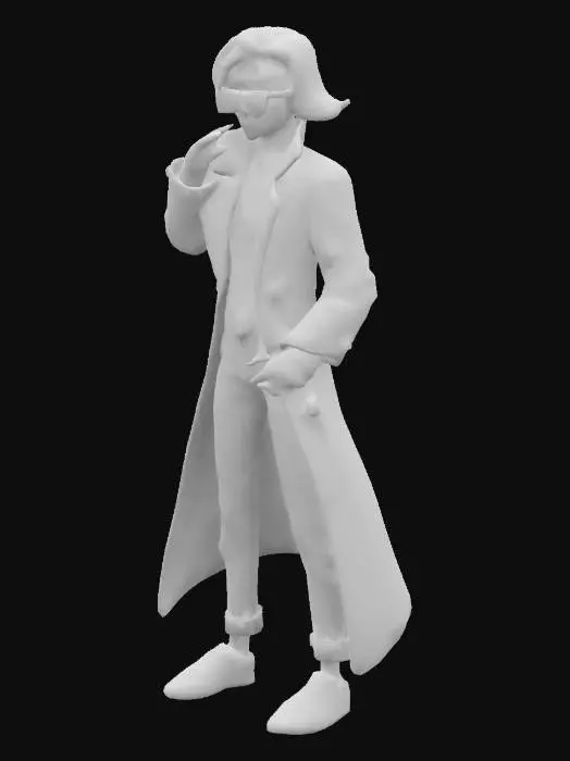 3D model for cartoon anime model of Switch from The Matrix, wearing white jeans, and a white trechcoat, removing her sunglasses 