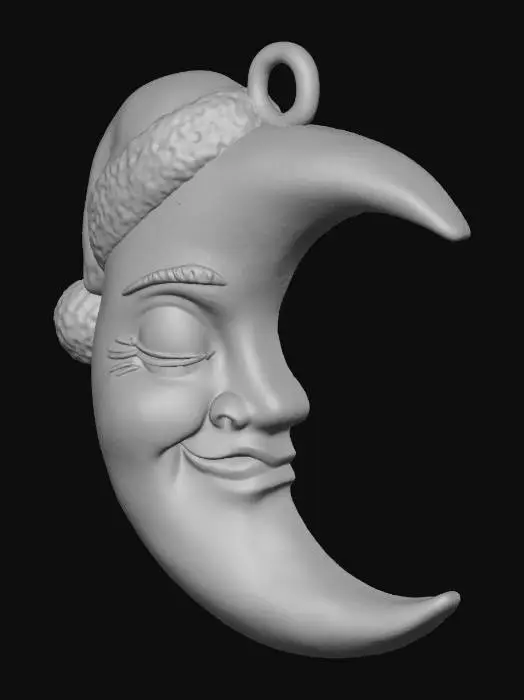 3D model for Main Focus on 3d Printing. Model should have a flat back and be laying on it. The model features a crescent moon, in a ghibli style, wearing a red and white santa hat. 

The moon looks peaceful and festive

Add a loop at the top to be hung as a christmas ornament.

It is important it has a flat back, and is laying face up for ease of 3d FDM printing