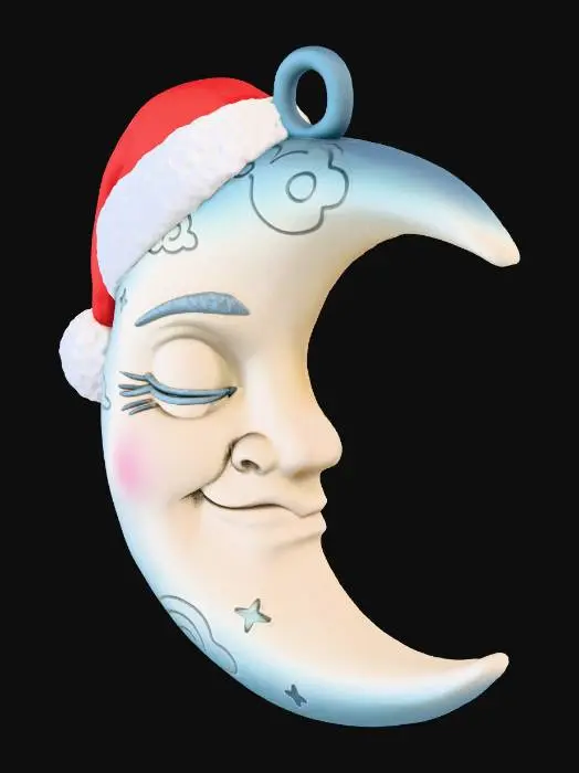 3D model for Main Focus on 3d Printing. Model should have a flat back and be laying on it. The model features a crescent moon, in a ghibli style, wearing a red and white santa hat. 

The moon looks peaceful and festive

Add a loop at the top to be hung as a christmas ornament.

It is important it has a flat back, and is laying face up for ease of 3d FDM printing