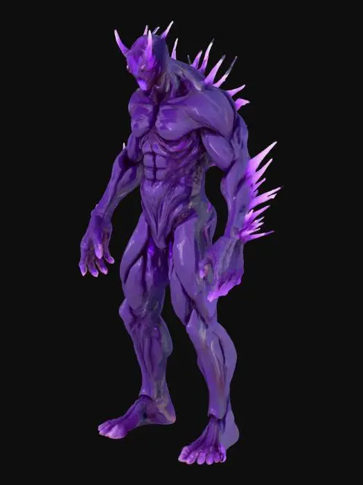 3D model for A horrifying dimensional beast, appearing as a shifting, impossible structure of jagged, obsidian-like planes that seem to fold in on themselves, creating an ever-changing, non-Euclidean form. Its surface is composed of a frictionless, dark matter that absorbs light, yet emits faint, sickly purple glows from within its deepest crevices. Sharp, crystalline spikes protrude at odd angles, feeling cold and infinitely deep to the touch. It has no discernible face, but gaping voids open and close, revealing glimpses of a starless abyss., #villain#