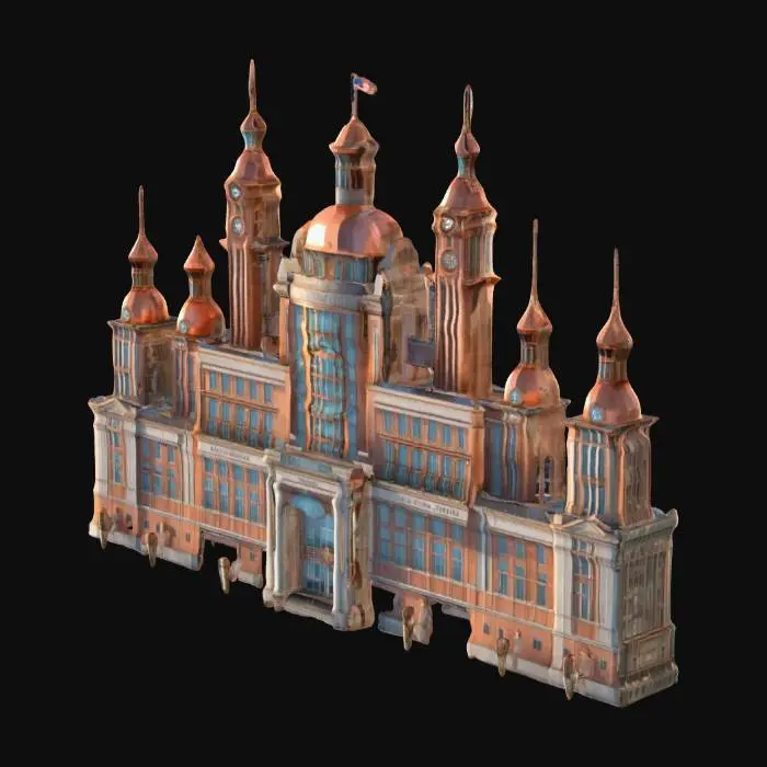 3D model for Монументальное низкополигональное правительственное здание в стилистике стимпанка, безупречно чистое и сверкающее, доминирует в умеренно освещенном рассеянным светом городском пейзаже. Его архитектура включает высокие башенки из блестящей меди и многочисленные арки. Фасады украшены множеством окон разнообразных форм — от круглых до длинных овалов — и несколькими балконами. Низкополигональные люди снуют вокруг. Глянцевые механизмы, крупные шестерни и монументальные часы на металле выглядят совершенно новыми, подчеркивая безусловный авторитет.