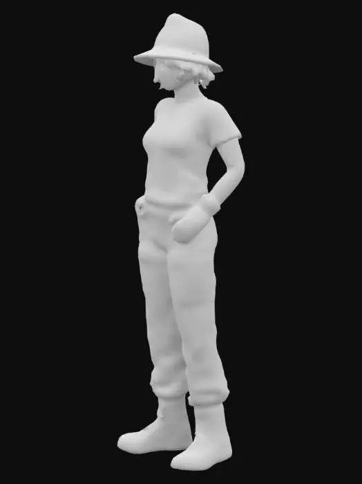 3D model for girl with short hair, red t-shirt, blue trousers, orange boots, a yellow hat, a gold chain, has green gloves