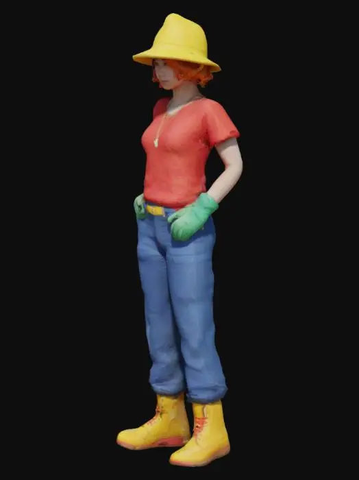 3D model for girl with short hair, red t-shirt, blue trousers, orange boots, a yellow hat, a gold chain, has green gloves