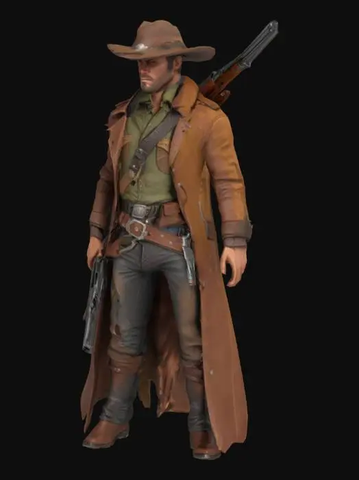 3D model for a cowboy with an revolver and a sniper on his back, has a detailed face and looks like erron black