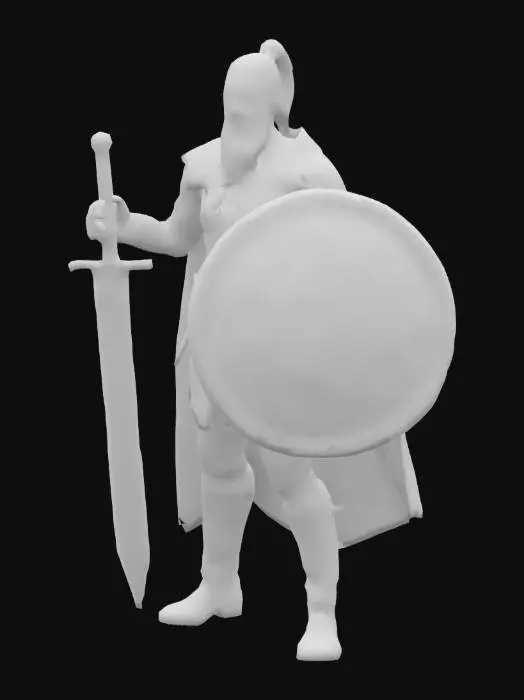 3D model for a man who is 40-50 years old, who has a ponytail, has a big snout, has a cape, on the cape is a red Paw cross, has a Brown Coat and brown black boots, has a with blood-stained sword that looks like out from a soulslike, on the other hand is a round shield from a knight