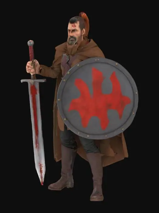 3D model for a man who is 40-50 years old, who has a ponytail, has a big snout, has a cape, on the cape is a red Paw cross, has a Brown Coat and brown black boots, has a with blood-stained sword that looks like out from a soulslike, on the other hand is a round shield from a knight