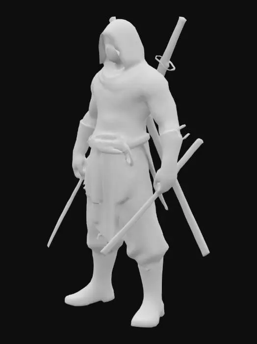 3D model for World of Warcraft, Ultra-realistisch, Ganzkörper, a ninja with a black suit and two katanas on his back and his face looks scarfed