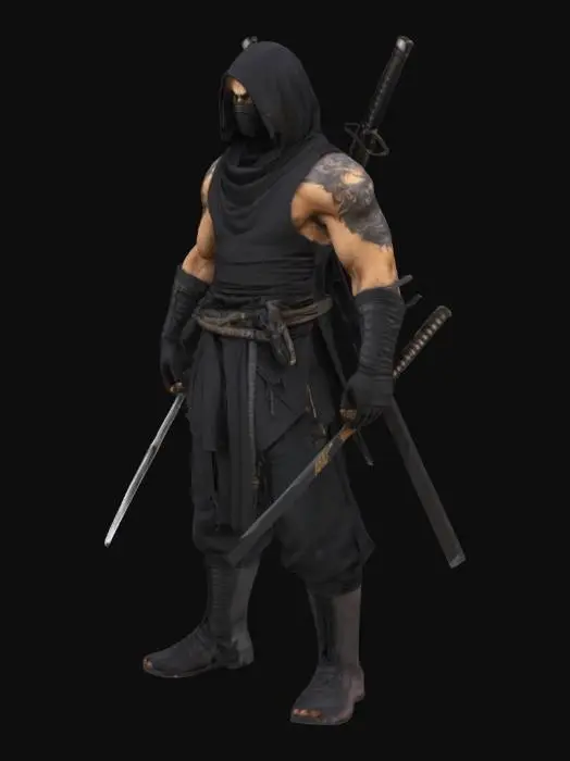 3D model for World of Warcraft, Ultra-realistisch, Ganzkörper, a ninja with a black suit and two katanas on his back and his face looks scarfed