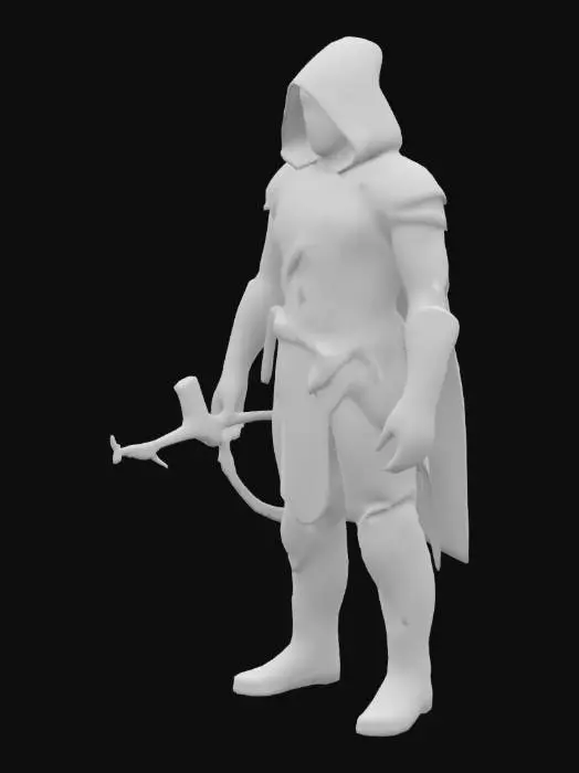 3D model for The object is a detailed figure in a dark green, hooded, and armored outfit with a bow and quiver, featuring a smooth, glossy texture and angular, streamlined shapes., 