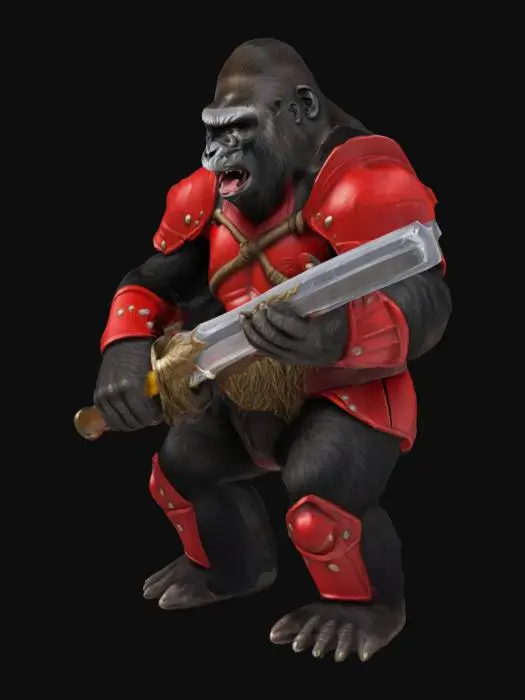 3D model for a gorilla in a red armor with a sword , loos realistic and detailed, looks like king kong and looks strong