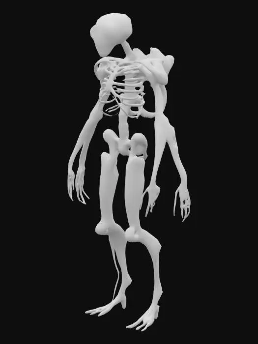 3D model for The object has a humanoid shape with elongated limbs, a skeletal frame, metallic backpack-like protrusions, and a rough, bony texture., 