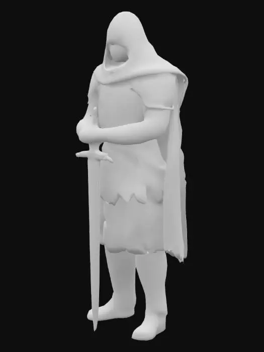 3D model for The object is a humanoid figure with medieval-inspired armor featuring a red cross design, rugged textures, and a tattered cape, holding a sword., 