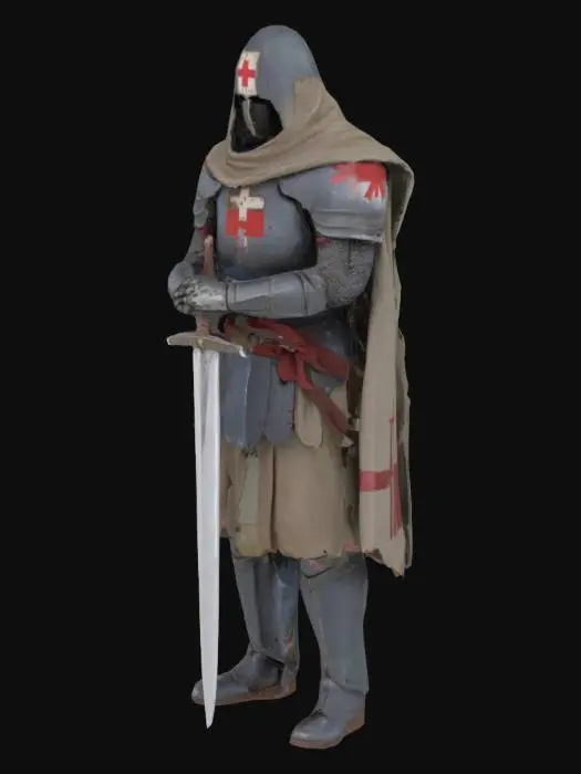 3D model for The object is a humanoid figure with medieval-inspired armor featuring a red cross design, rugged textures, and a tattered cape, holding a sword., 