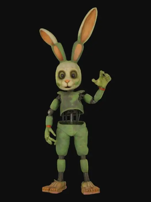 3D model for The object is an anthropomorphic, rabbit-like animatronic with a worn, patchy green texture, exposed internal structures, and prominent ears., 